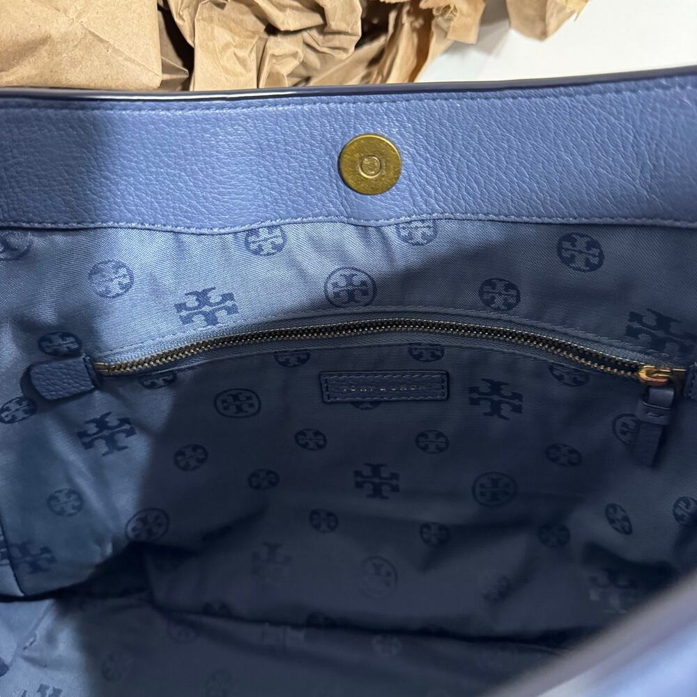 Tory Burch Frances Satchel Pebbled Leather Blue White Brown Colorblock Tote - Picture 12 of 13